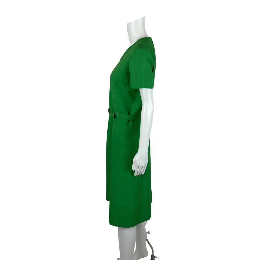 Vintage 70s Shift Dress Women's Large Solid Green V-Neck Belted Kangaroo Pockets - Picture 8 of 11